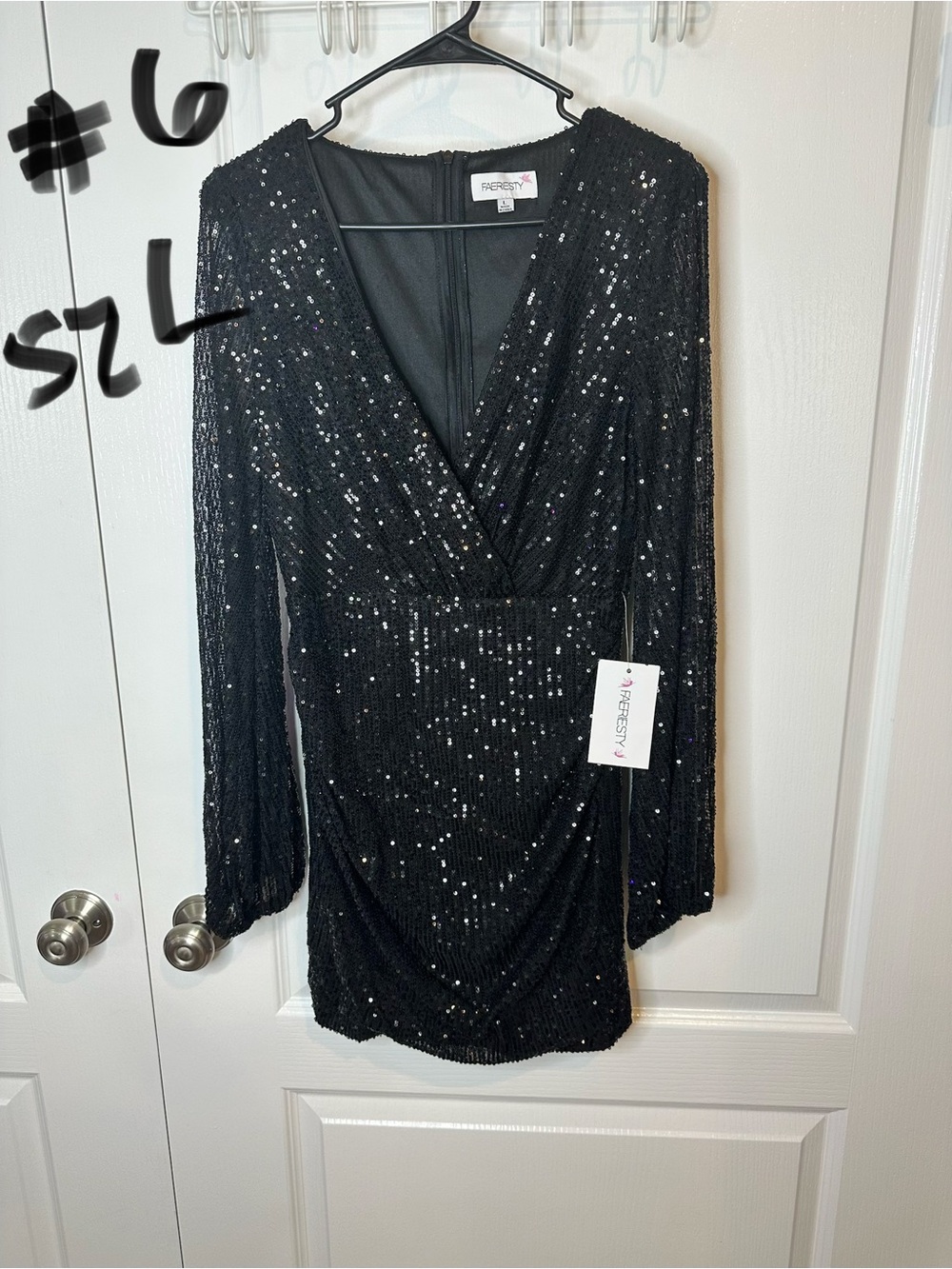 Ariella Black Sequin V-Neck Long Sleeve Mini Dress